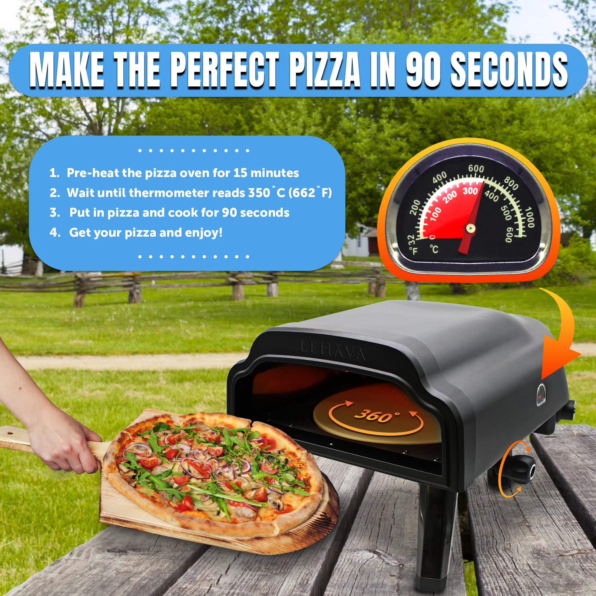 Flame King Outdoor Portable 14-inch Propane Pizza Oven Gas 360 Degree Rotating Stone - Image 2