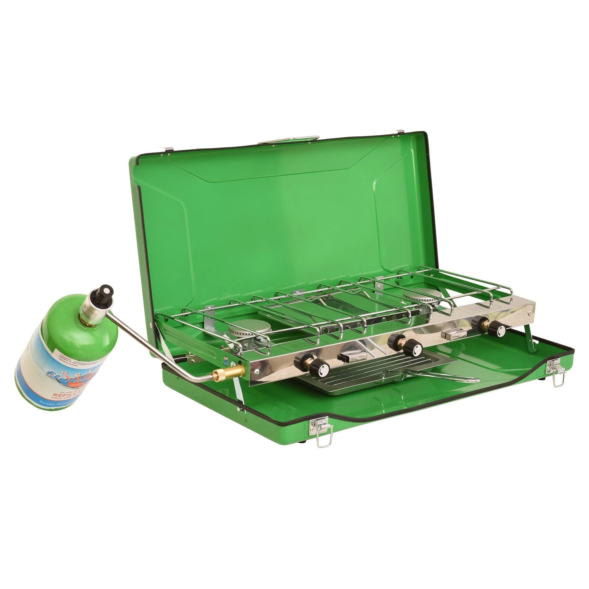 Flame King Portable 3 Burner Grill Propane Gas Camping Stove Toast Tray - Image 2