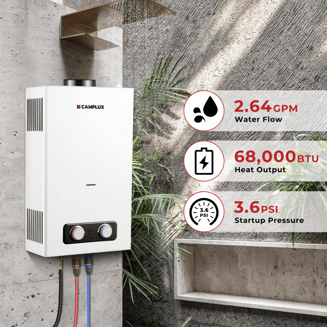 Tankless Water Heater, Camplux 2.64 GPM Outdoor Propane Water Heater, Gas Water Heater with 3.3 GPM Water Pump & Pipe Strainer for Camping, Cabins - Image 3