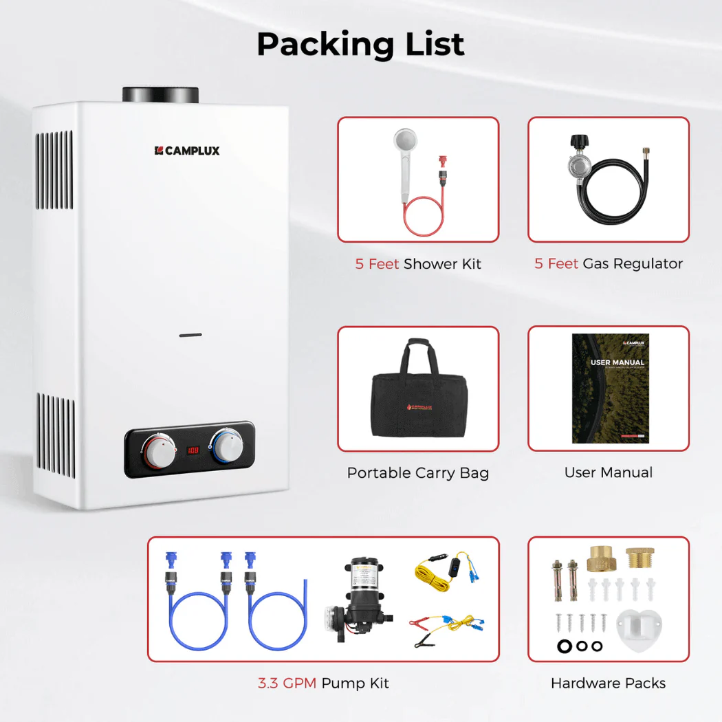 Tankless Water Heater, Camplux 2.64 GPM Outdoor Propane Water Heater, Gas Water Heater with 3.3 GPM Water Pump & Pipe Strainer for Camping, Cabins - Image 7
